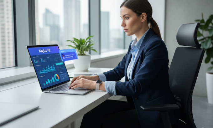 Business owner using Meta AI for social media marketing and content creation